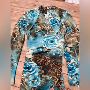 Cache Turquoise and Brown Floral Animal Print Long Sleeve Dress Y2K VTG